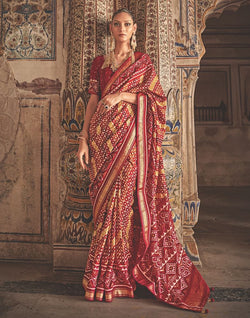 Collection of Stylish Multi Color Patola Fabric Saree in a gallery layout