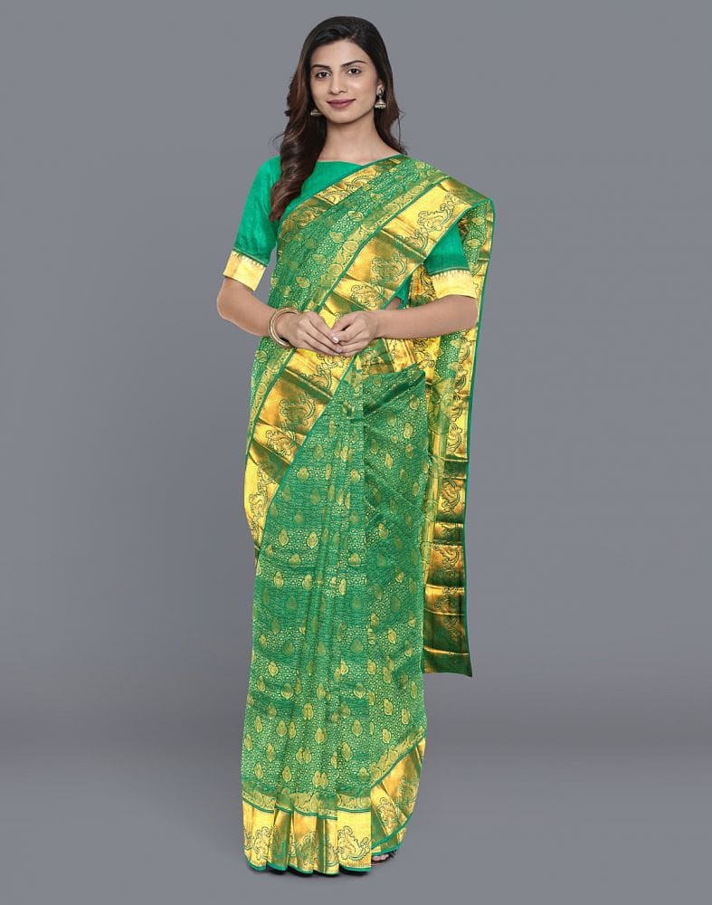 Collection of Green Floral Zari Pure Silk Saree in a gallery layout