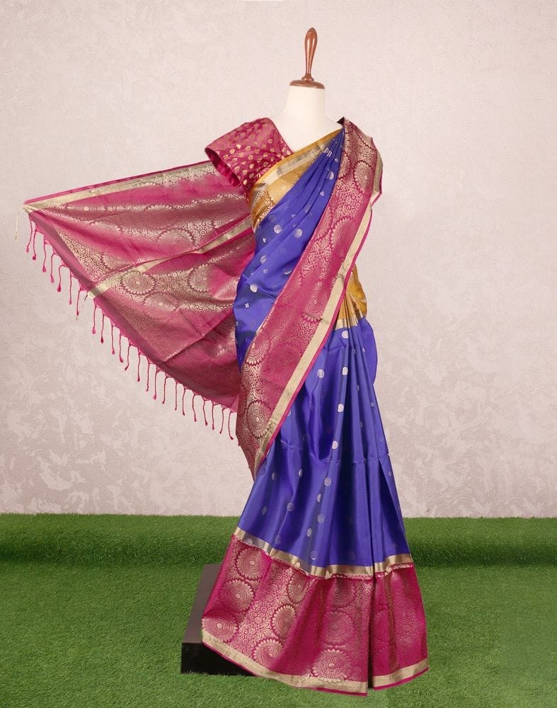 Collection of Light weight coimbatore pattu Royal Blue colour Ganga Jamuna border saree in a gallery layout