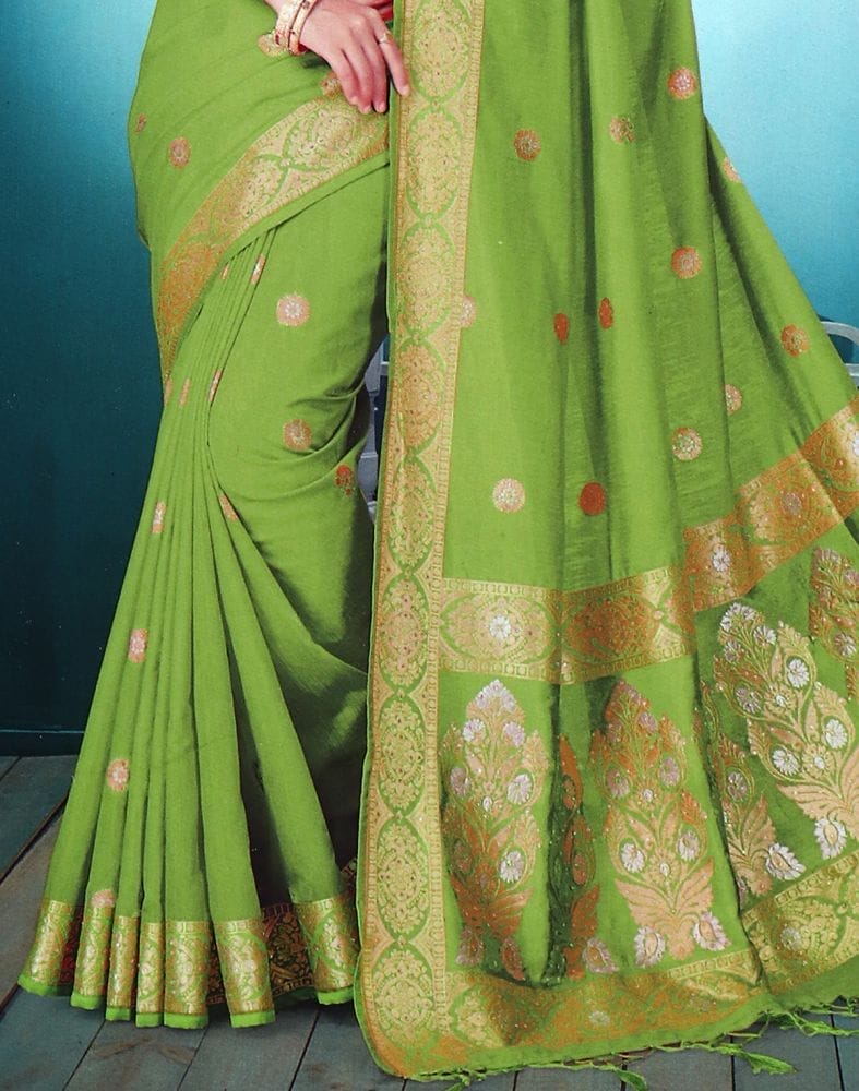 Green Floral Stones work Semi Raw Silk Saree