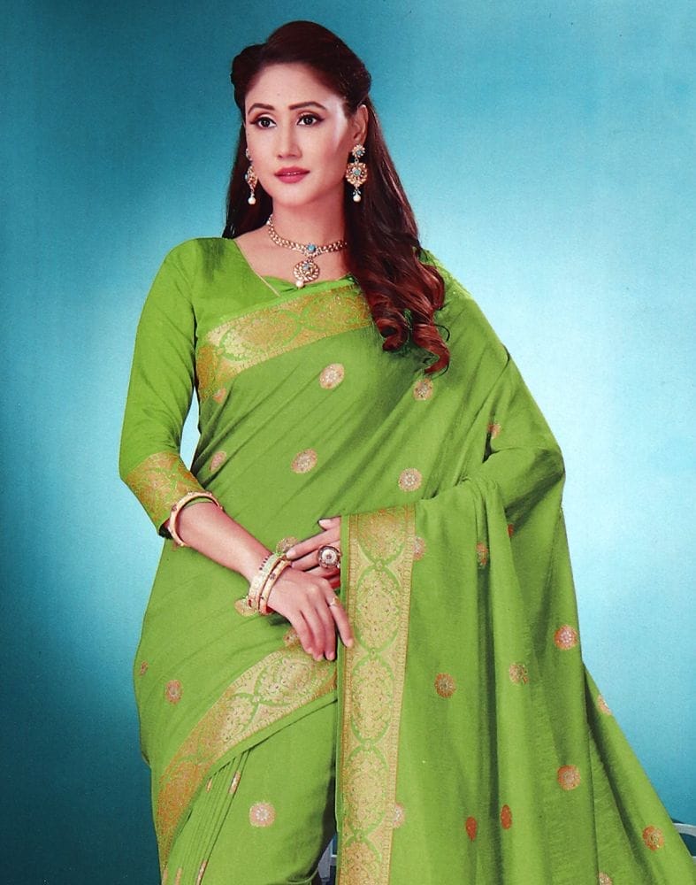 Collection of Green Floral Stones work Semi Raw Silk Saree in a gallery layout