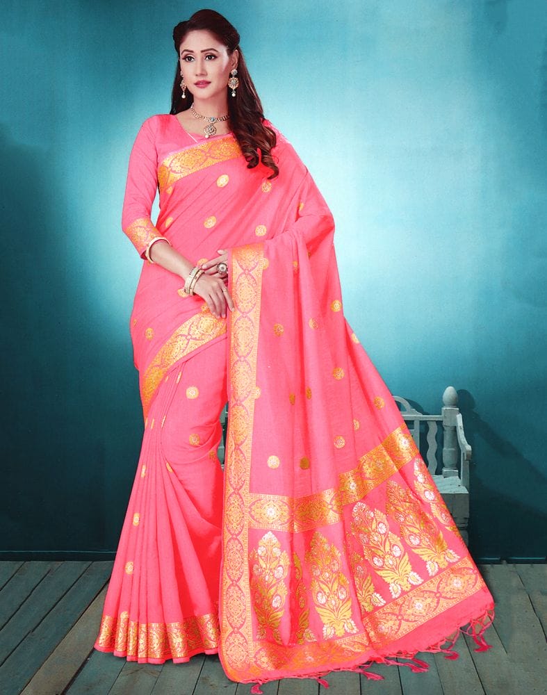 Collection of Pink Floral Stones work Semi Raw Silk Saree in a gallery layout