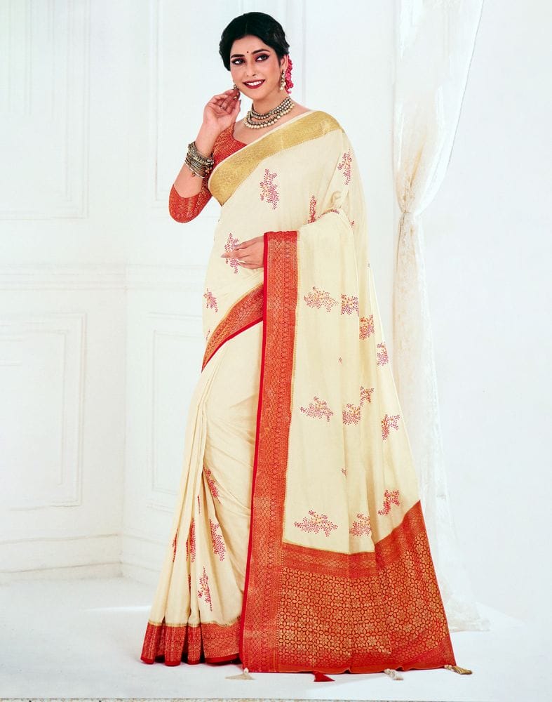 Off White Botanical Pattern Embroidery work Banaras Fancy Saree