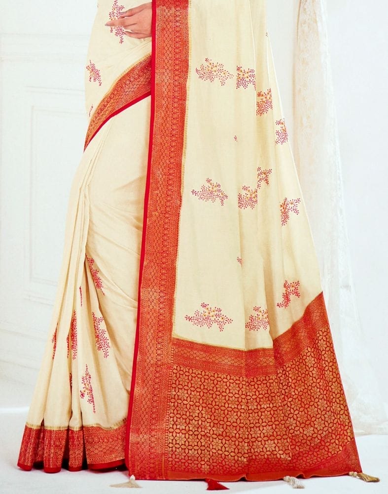 Off White Botanical Pattern Embroidery work Banaras Fancy Saree