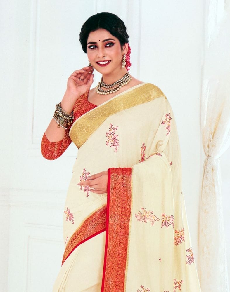 Off White Botanical Pattern Embroidery work Banaras Fancy Saree