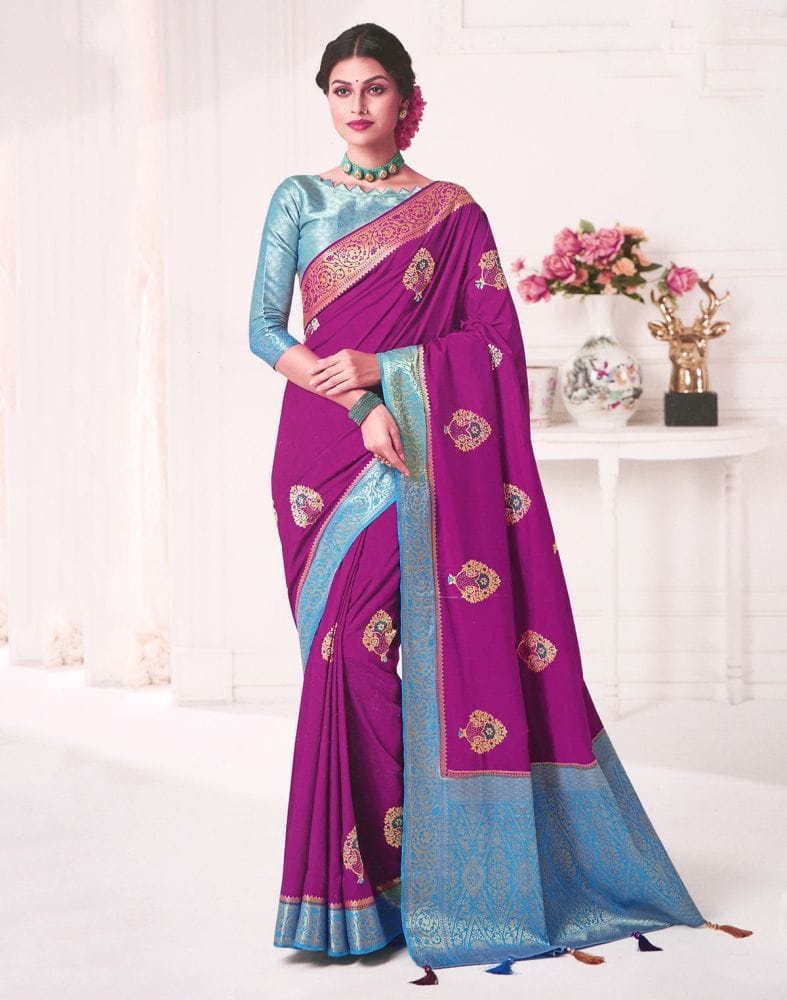 Collection of Violet Botanical Embroidery work Banaras Fancy Saree in a gallery layout