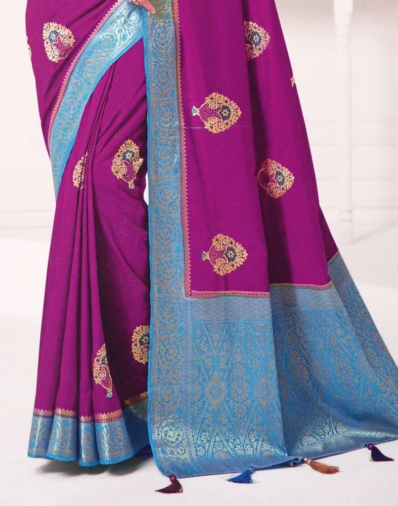 Collection of Violet Botanical Embroidery work Banaras Fancy Saree in a gallery layout