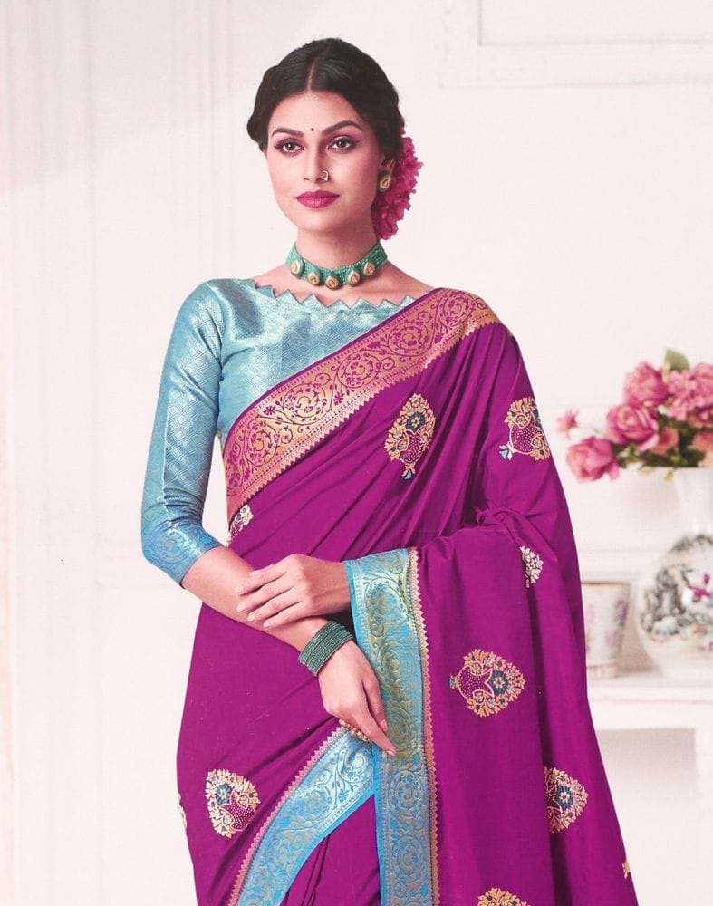 Violet Botanical Embroidery work Banaras Fancy Saree