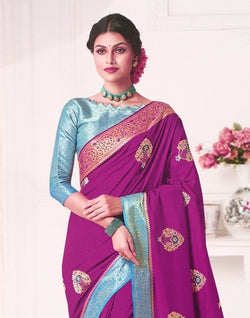 Collection of Violet Botanical Embroidery work Banaras Fancy Saree in a gallery layout