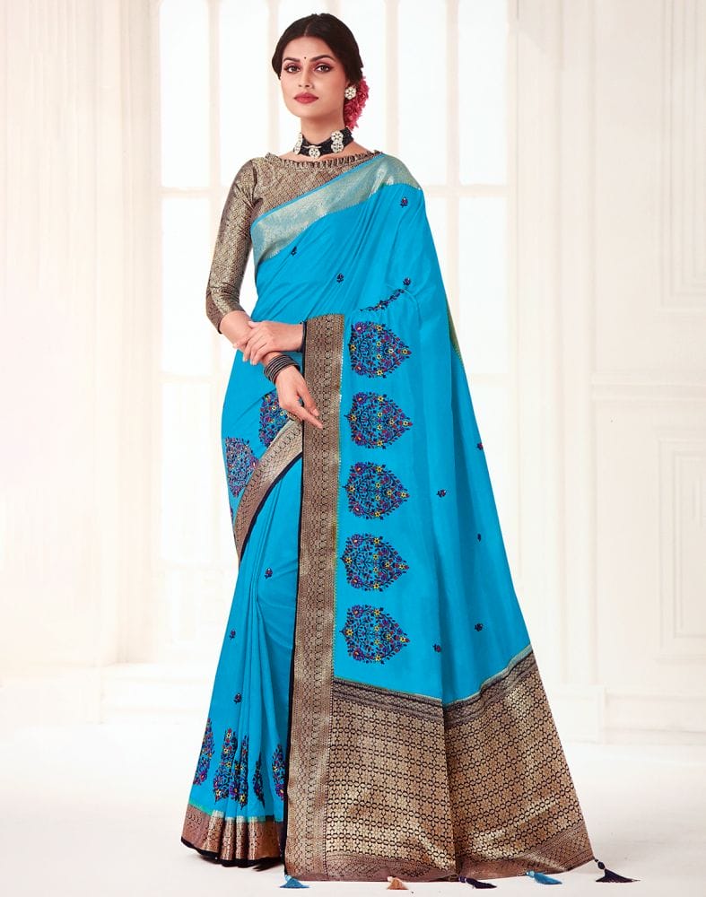 Embroidery work Sky Blue Coloured Floral Banaras Fancy Saree