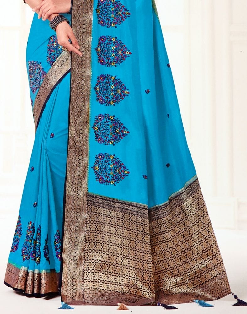 Embroidery work Sky Blue Coloured Floral Banaras Fancy Saree