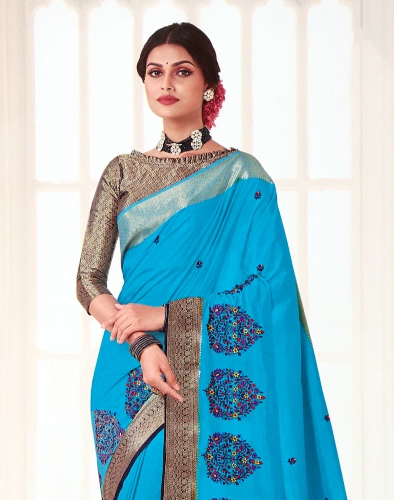 Embroidery work Sky Blue Coloured Floral Banaras Fancy Saree