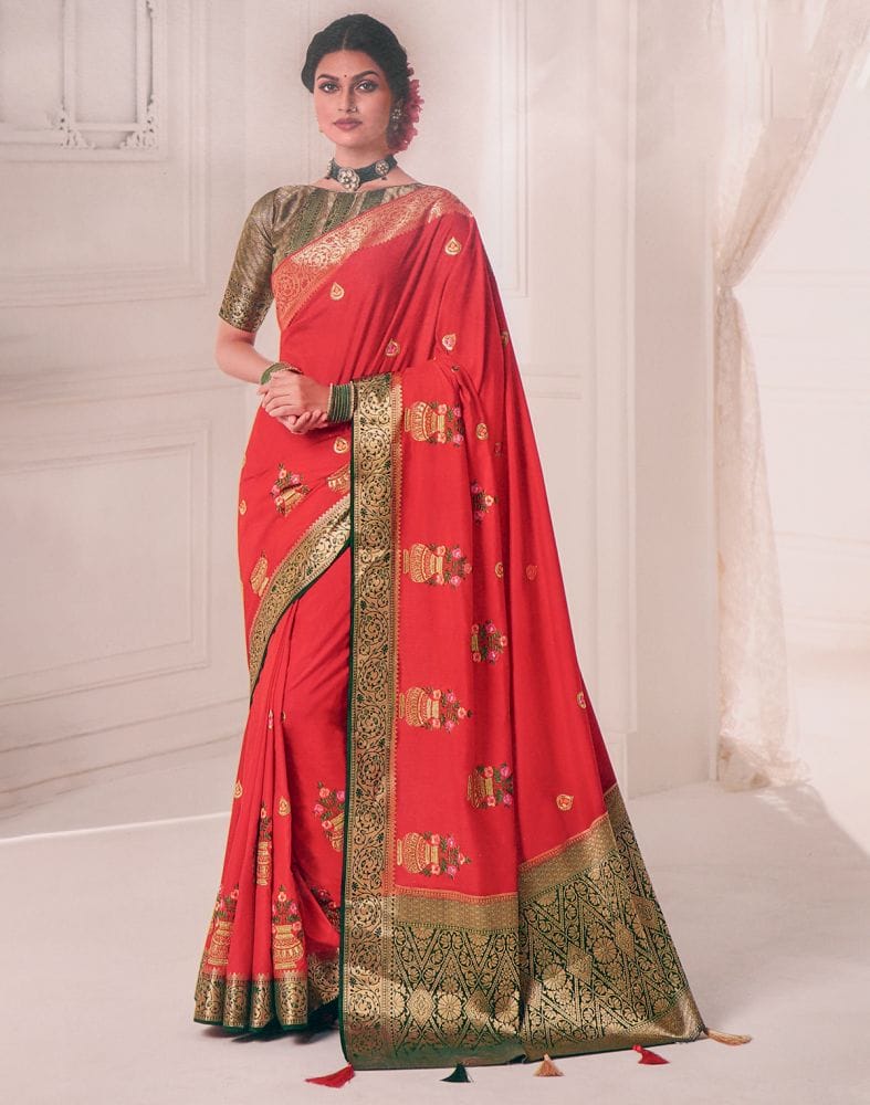 Collection of Red Coloured Floral Embroidery work Banaras Fancy Saree in a gallery layout