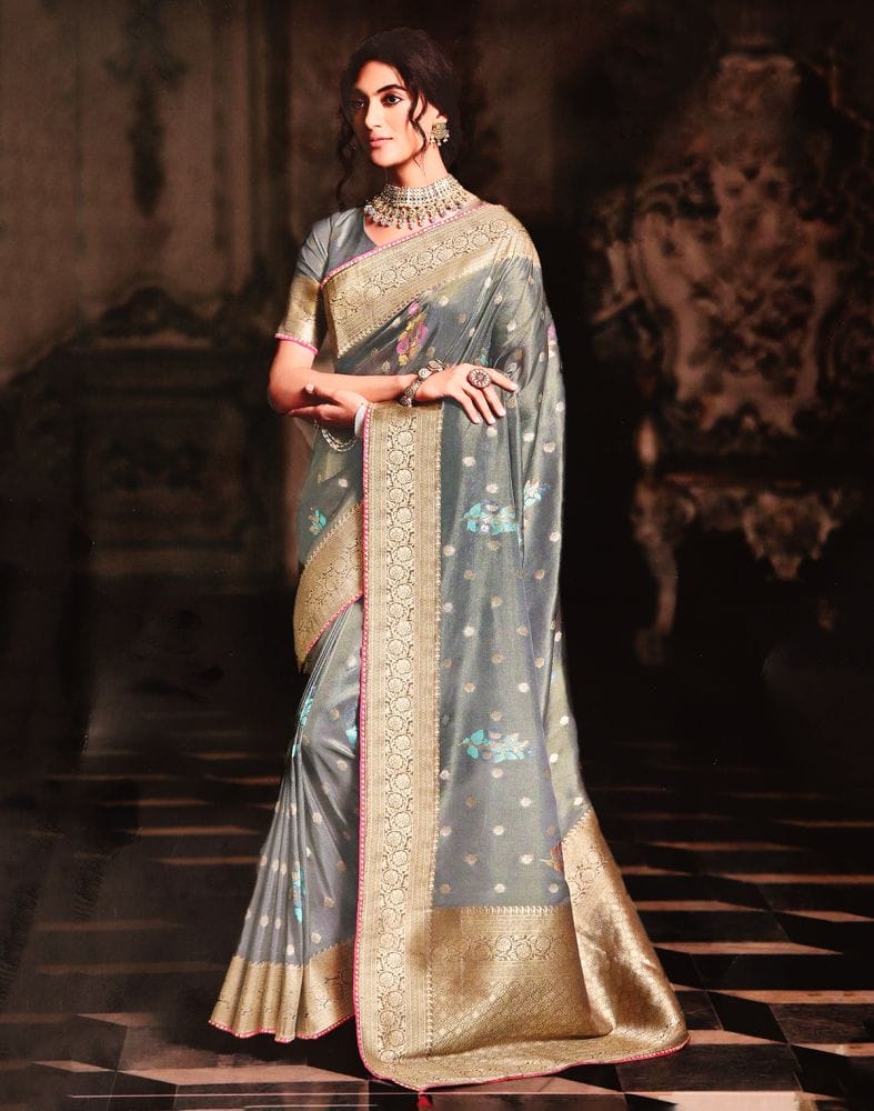 Collection of Grey Coloured Floral Banaras Tissue Saree in a gallery layout