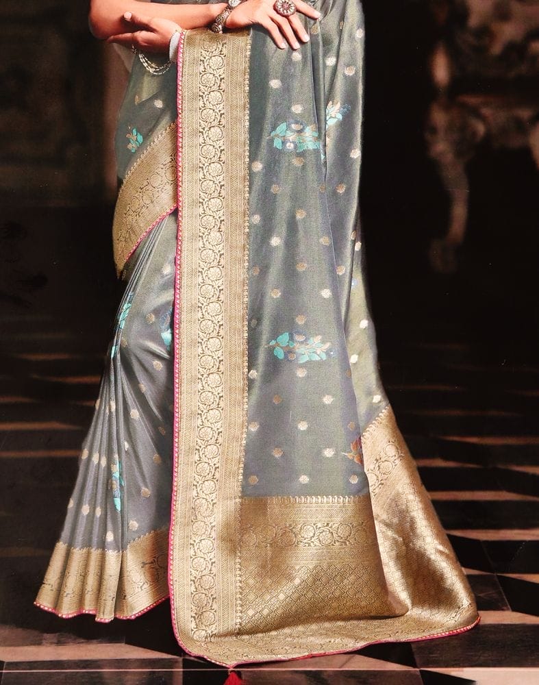 Collection of Grey Coloured Floral Banaras Tissue Saree in a gallery layout