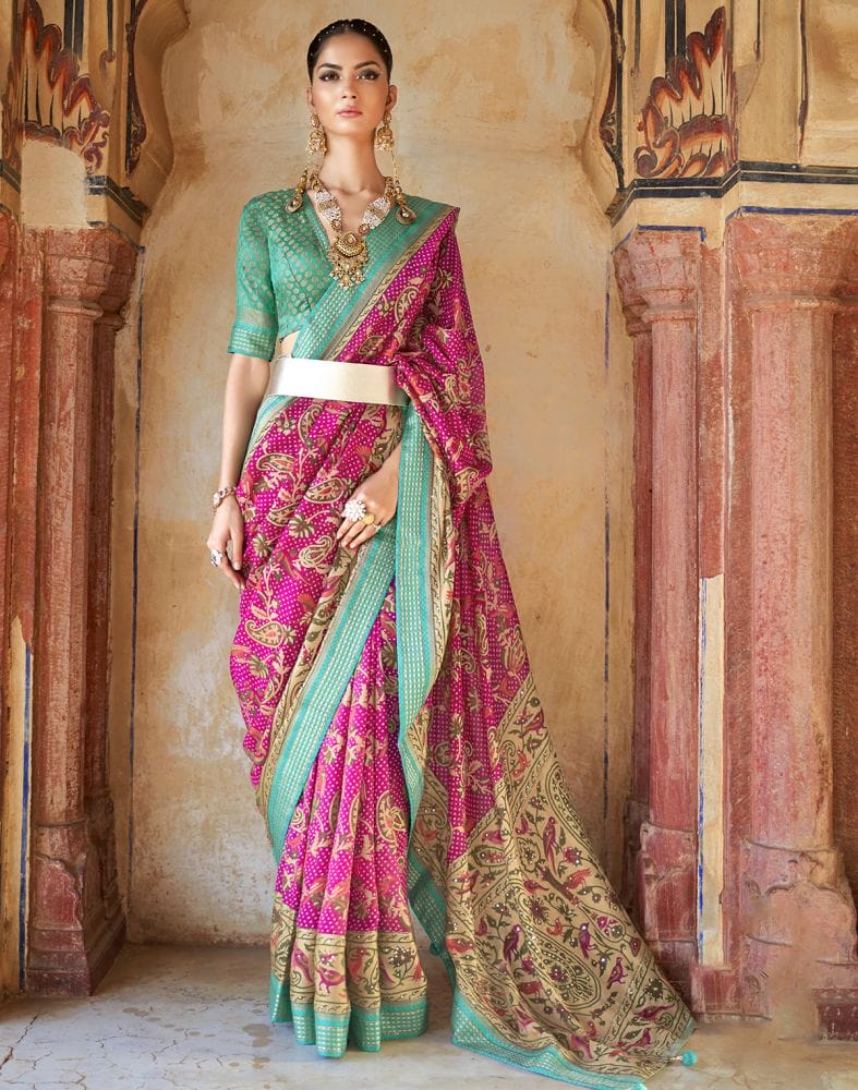 Collection of Beautiful Pink Botanical Print Patola Designer Saree in a gallery layout