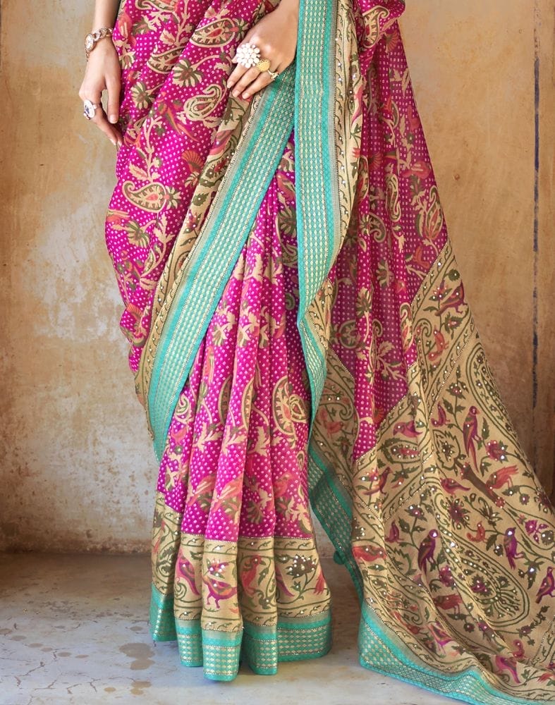 Collection of Beautiful Pink Botanical Print Patola Designer Saree in a gallery layout