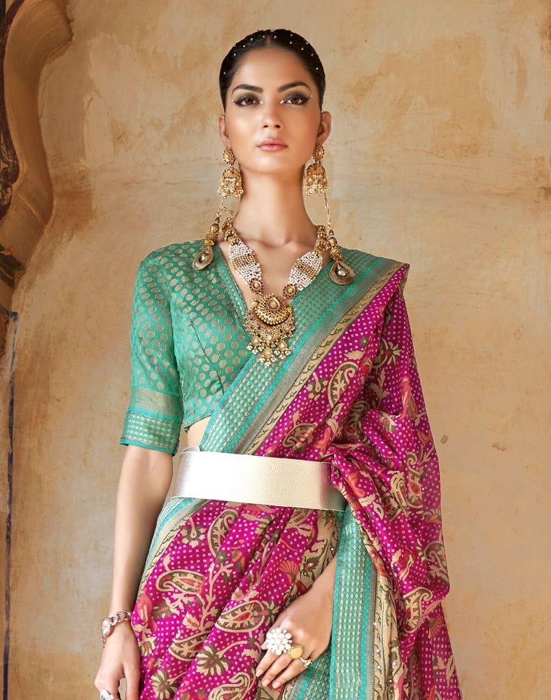 Collection of Beautiful Pink Botanical Print Patola Designer Saree in a gallery layout