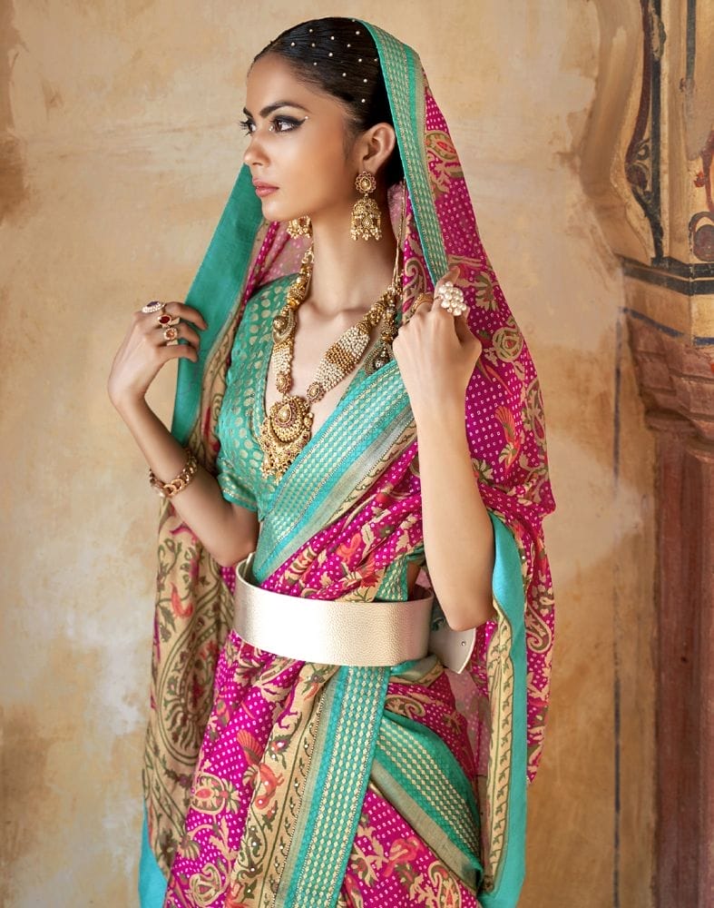 Collection of Beautiful Pink Botanical Print Patola Designer Saree in a gallery layout