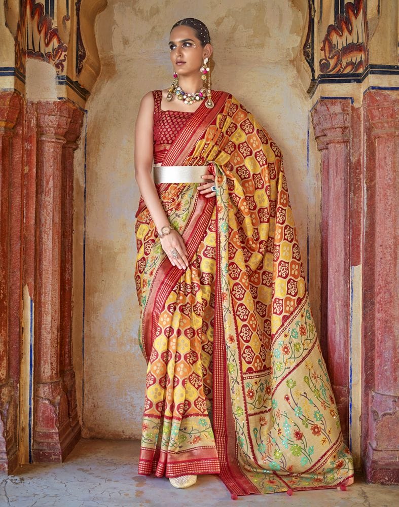 Mustard Coloured Botanical Print Patola Saree