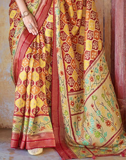 Collection of Mustard Coloured Botanical Print Patola Saree in a gallery layout