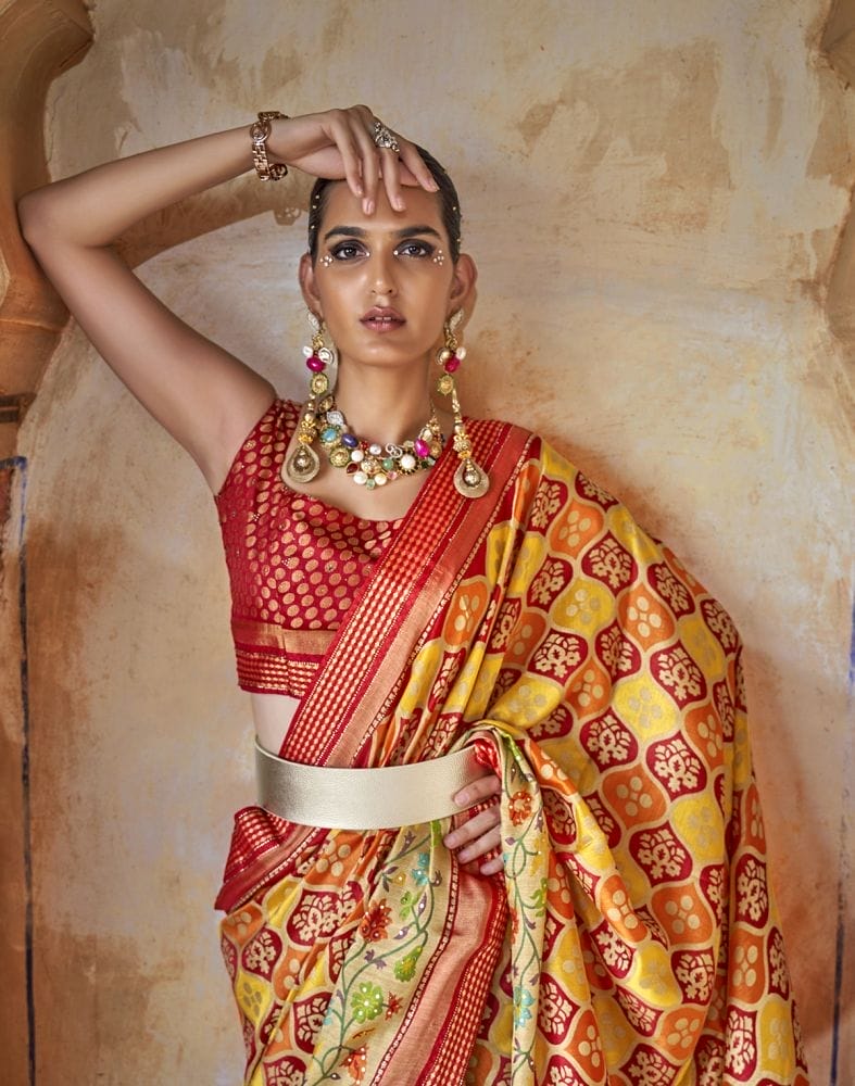 Mustard Coloured Botanical Print Patola Saree