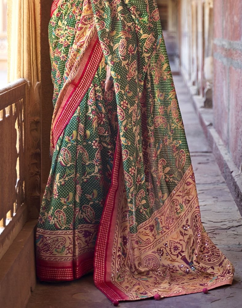 Collection of Trending Patola Green Coloured Botanical Print Saree in a gallery layout