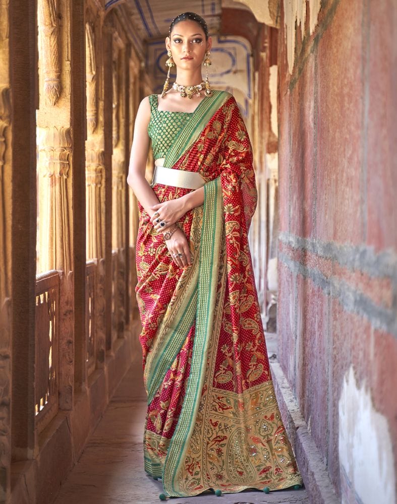 Stunning Red Botanical Print Patola Saree