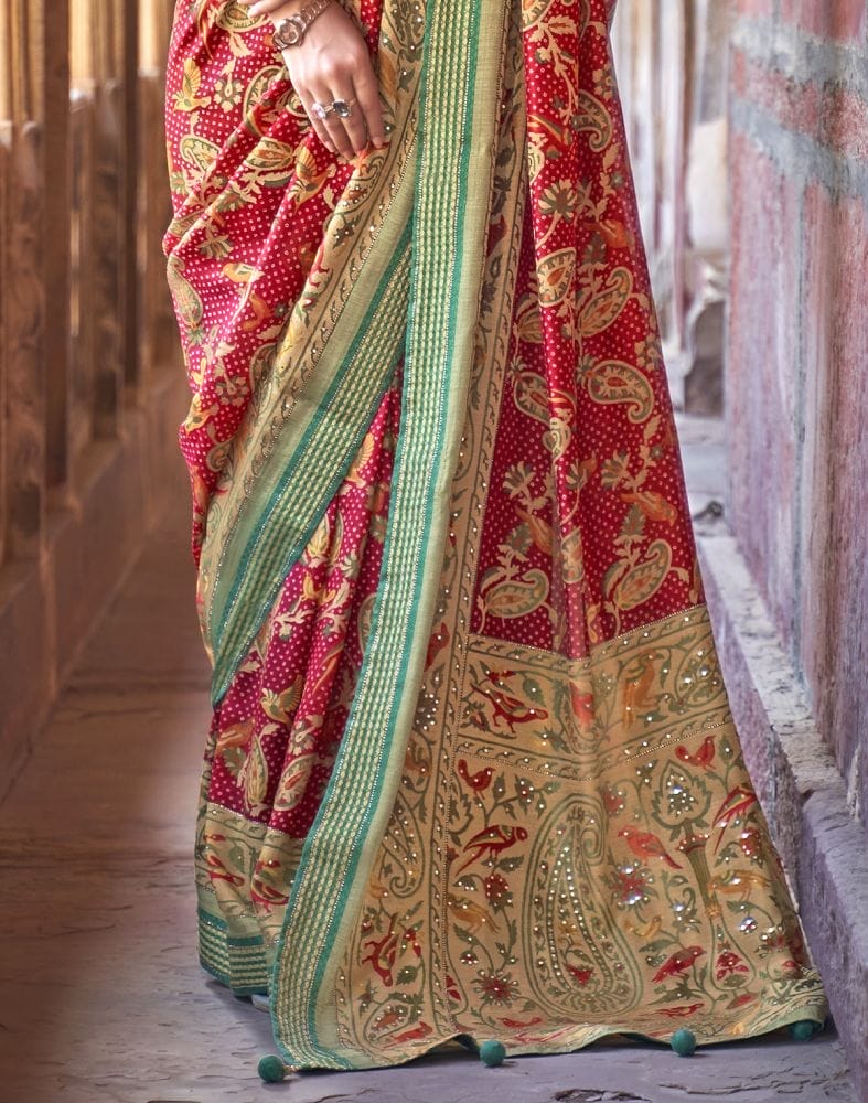 Stunning Red Botanical Print Patola Saree