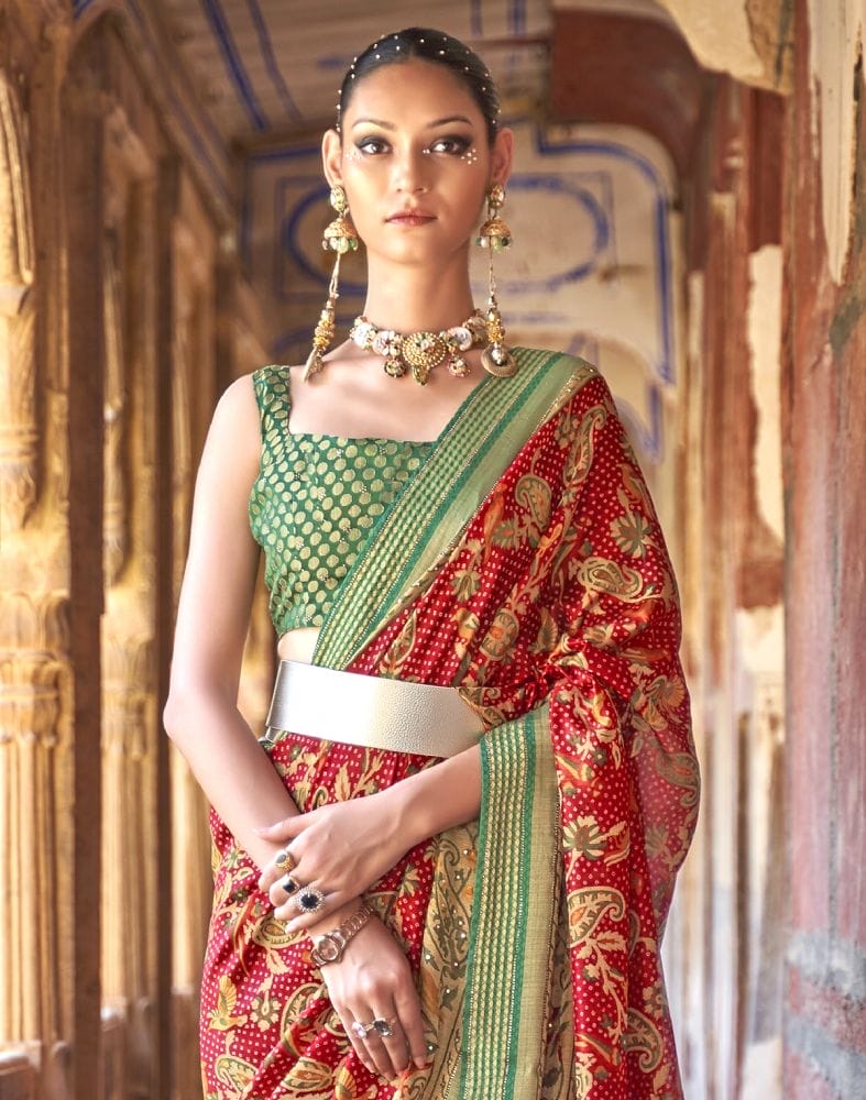 Stunning Red Botanical Print Patola Saree