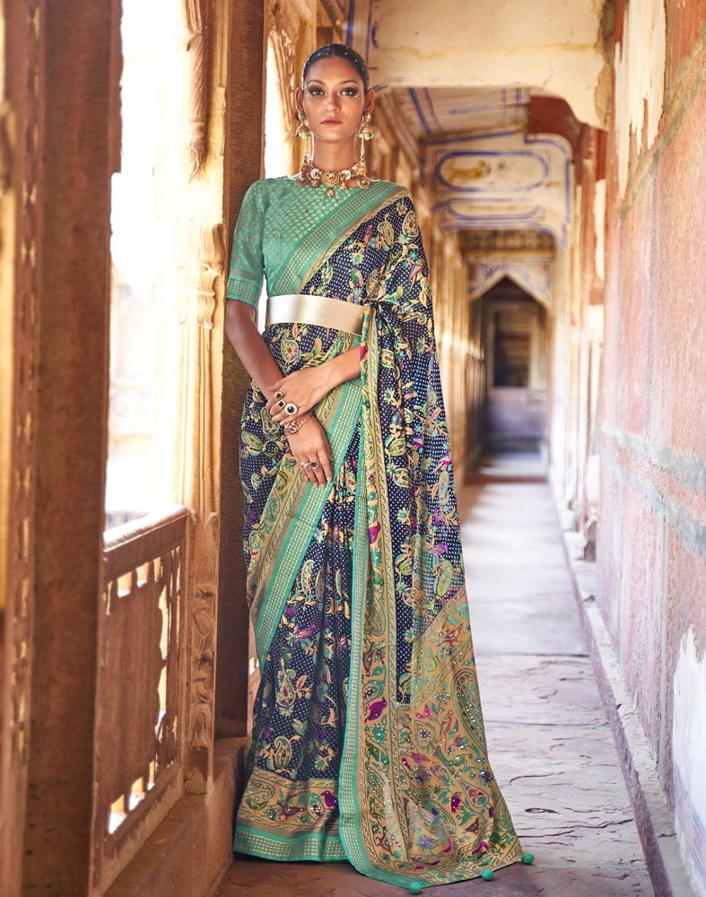 Imposing Navy Blue Botanical Print Patola Saree