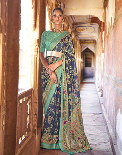 Collection of Imposing Navy Blue Botanical Print Patola Saree in a gallery layout