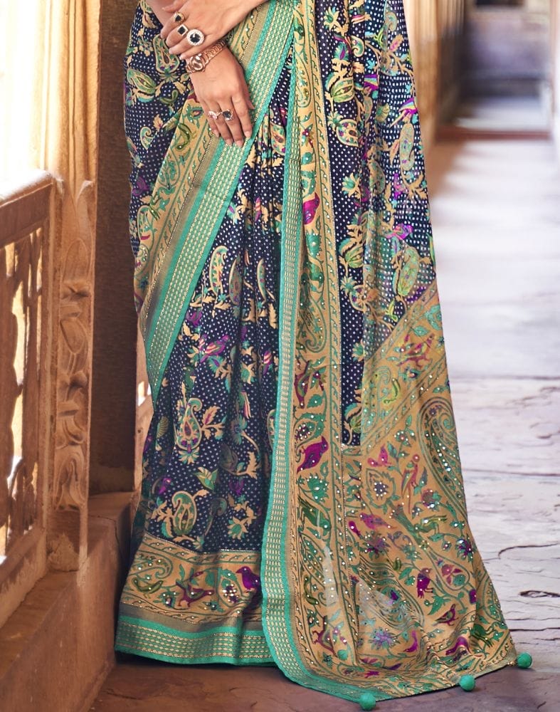 Collection of Imposing Navy Blue Botanical Print Patola Saree in a gallery layout