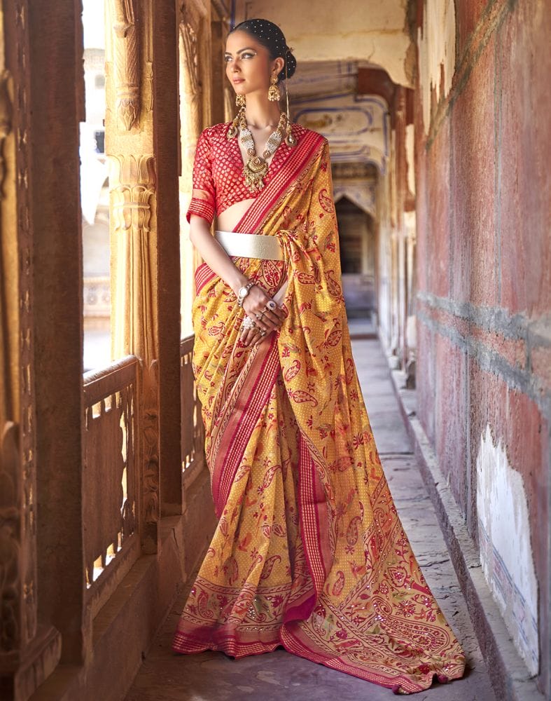 Intriguing Mustard Botanical Print Patola Saree