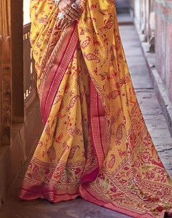 Collection of Intriguing Mustard Botanical Print Patola Saree in a gallery layout