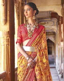 Collection of Intriguing Mustard Botanical Print Patola Saree in a gallery layout