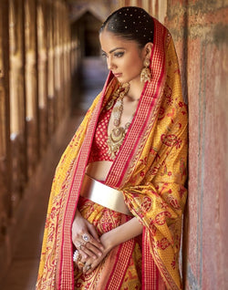 Collection of Intriguing Mustard Botanical Print Patola Saree in a gallery layout