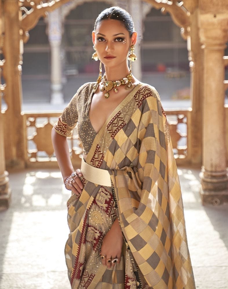 Gold Checks Pattern Patola Fancy Saree