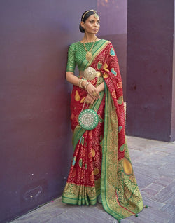 Collection of Red Paisley Print Pattern Brasso Saree in a gallery layout