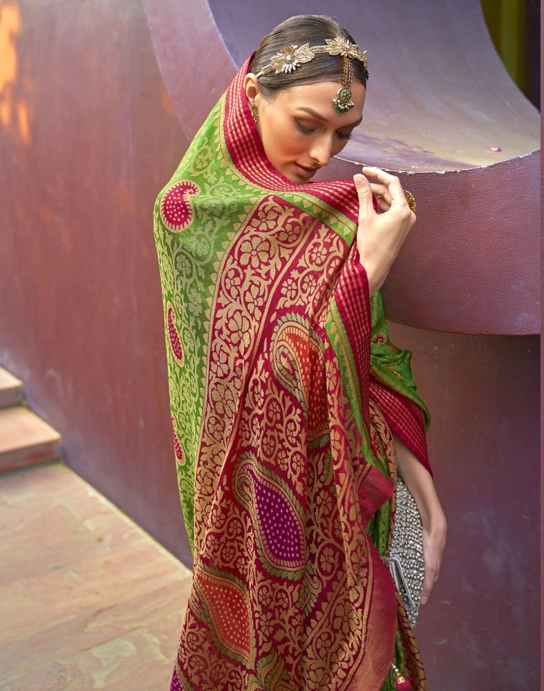 Collection of Green Paisley Pattern Brasso Fabric Saree in a gallery layout