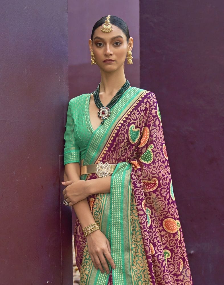 Magenta and Sea Green Coloured Brasso Saree