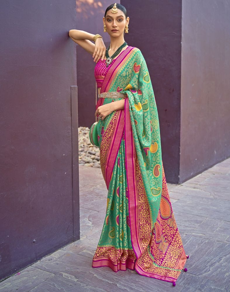 Sea Green Paisley Print Brasso Saree