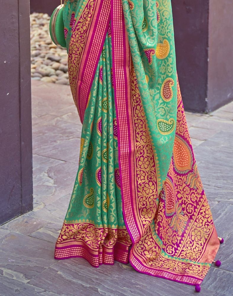 Collection of Sea Green Paisley Print Brasso Saree in a gallery layout