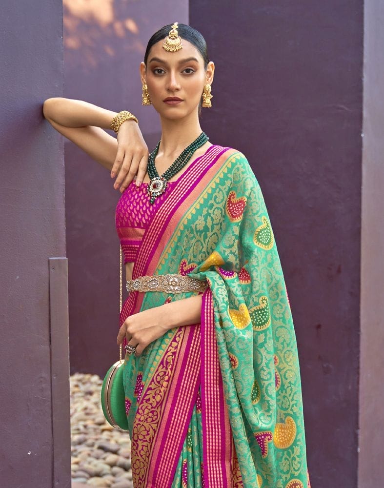 Collection of Sea Green Paisley Print Brasso Saree in a gallery layout