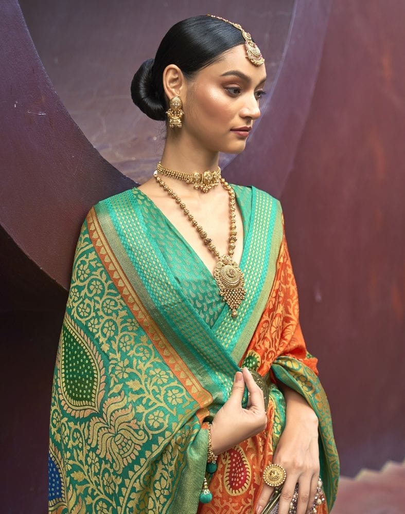 Collection of Orange Coloured Paisley Brasso Printed Saree in a gallery layout