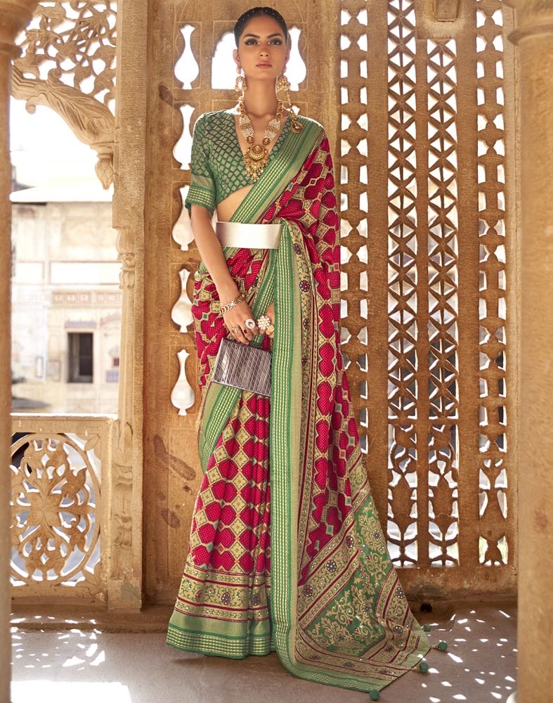 Collection of Amazing Red Geometric Print Patola Saree in a gallery layout