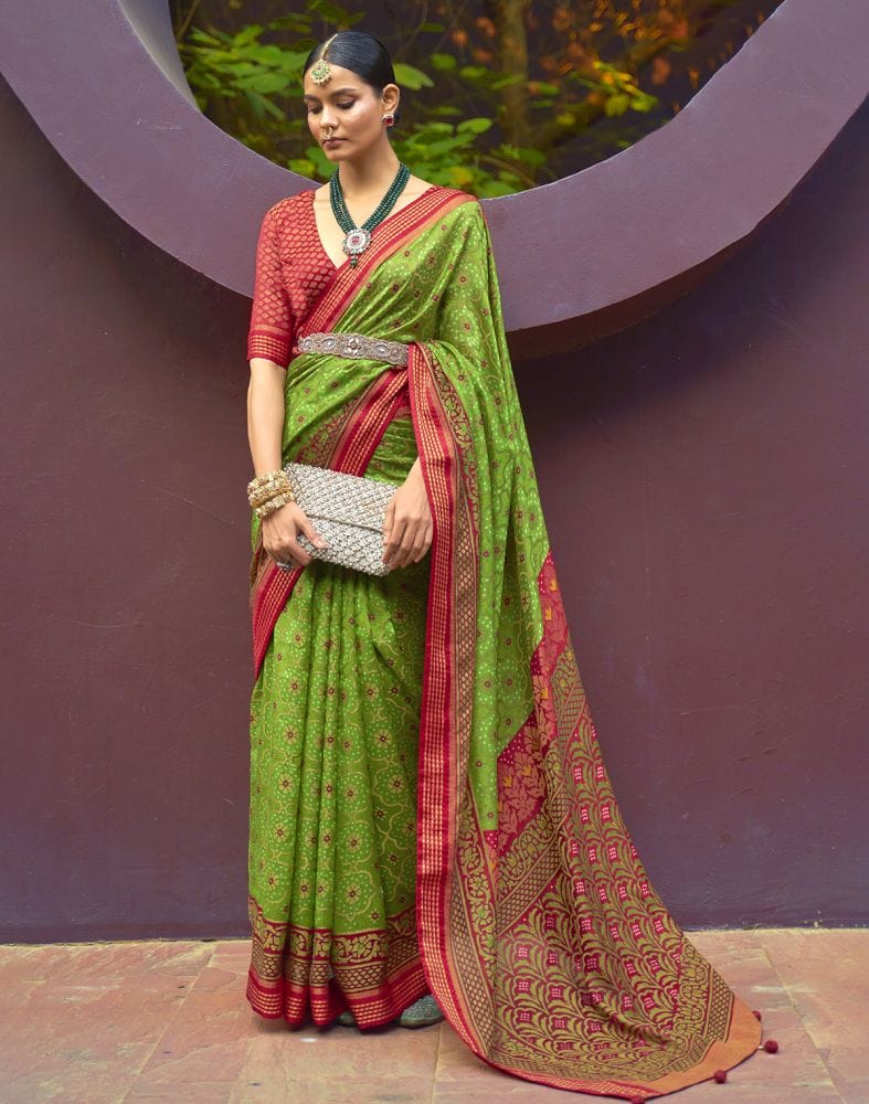 Collection of Parrot Green Floral Print Brasso Saree in a gallery layout