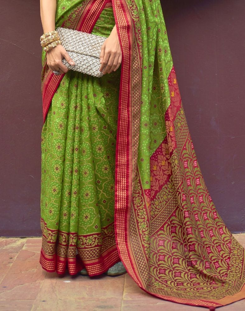 Collection of Parrot Green Floral Print Brasso Saree in a gallery layout