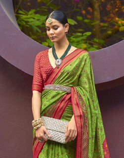 Collection of Parrot Green Floral Print Brasso Saree in a gallery layout