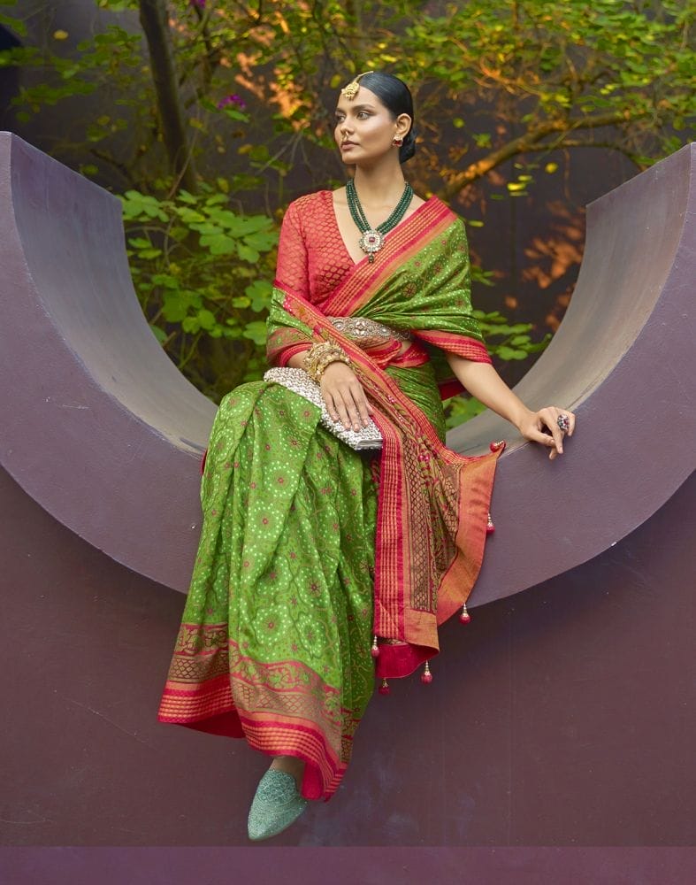 Collection of Parrot Green Floral Print Brasso Saree in a gallery layout